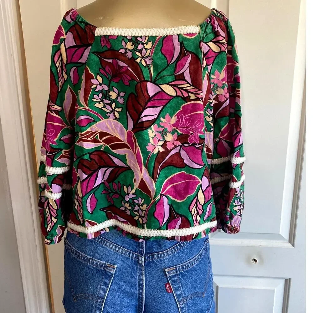 Cynthia Rowley 100% Linen Floral Blouse M Square Neck Crochet Trim Green Pink